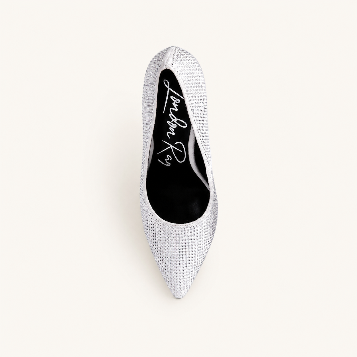White diamante pointed-toe stiletto court heel, top view